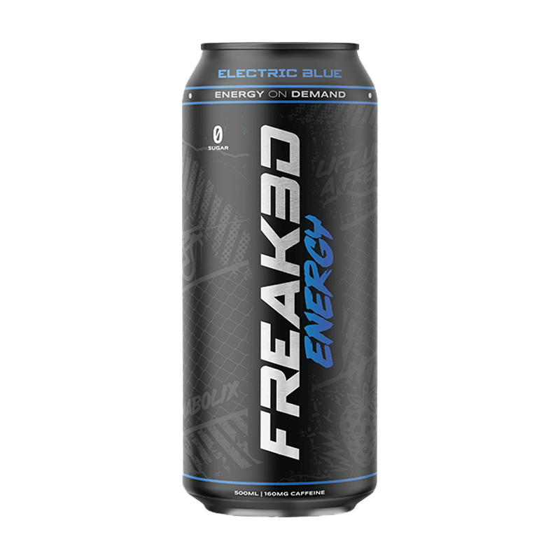 Freak Energy Electric Blue energy drink 500ml can with black packaging, zero sugar and 160mg caffeine
