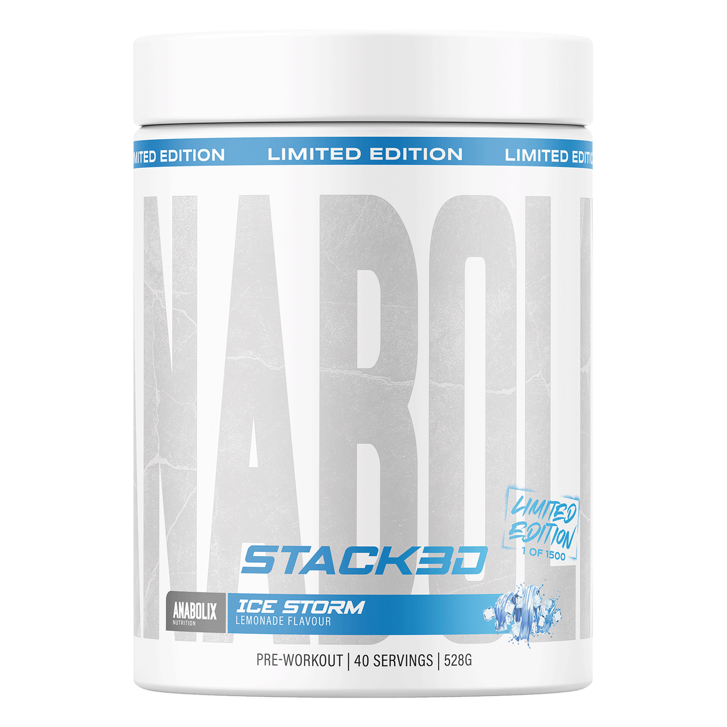 Anabolix Nutrition Stack3d in lemonade Ice Storm flavour, 528g white tub marked 1 of 1500 limited units