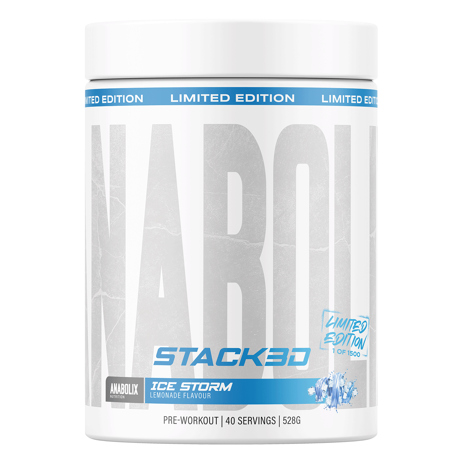 Anabolix Nutrition Stack3d in lemonade Ice Storm flavour, 528g white tub marked 1 of 1500 limited units