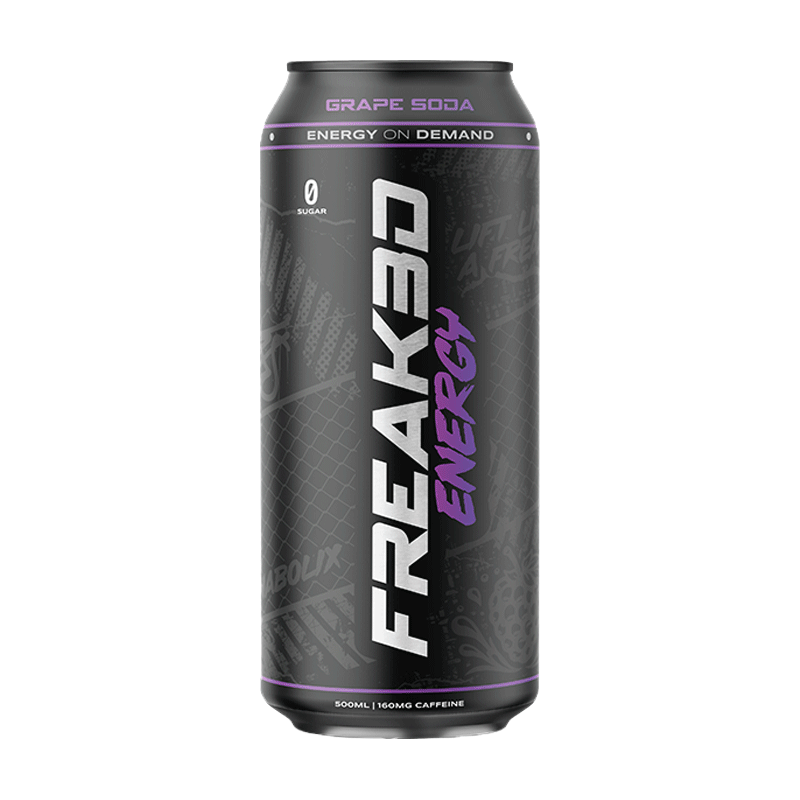 Freak Energy Grape Soda energy drink 500ml can with black packaging, zero sugar and 160mg caffeine