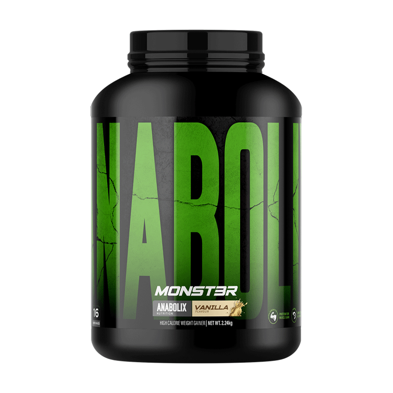 Anabolix MONST3R Vanilla high calorie weight gainer, 2.24kg black tub with green label