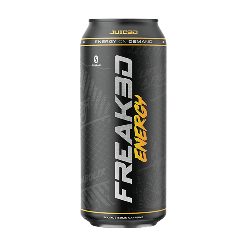 Freak Energy Juiced energy drink 500ml can with black packaging, zero sugar and 160mg caffeine