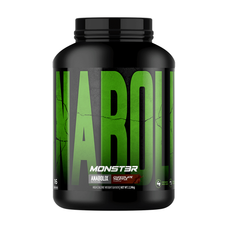 Anabolix MONST3R Chocolate Truffle high calorie weight gainer, 2.24kg black tub with green label