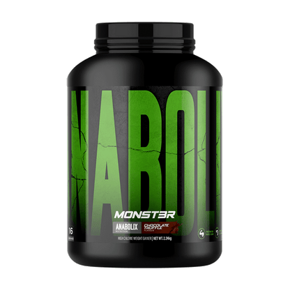 Anabolix MONST3R Chocolate Truffle high calorie weight gainer, 2.24kg black tub with green label