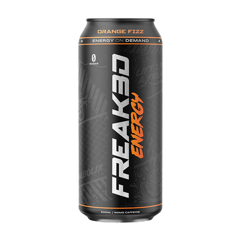 Freak Energy Orange Fizz energy drink 500ml can with black packaging, zero sugar and 160mg caffeinev