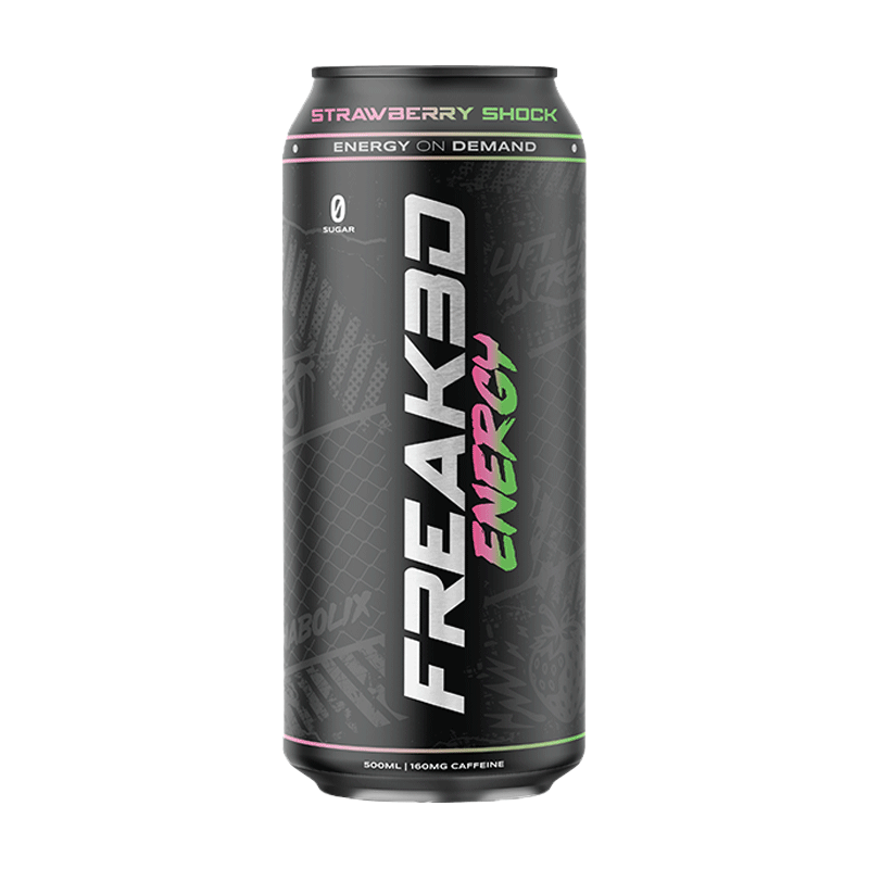 Freak Energy Strawberry Shock energy drink 500ml can with black packaging, zero sugar and 160mg caffeine