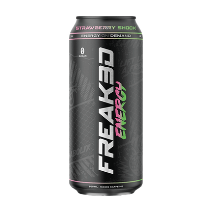 Freak Energy Strawberry Shock energy drink 500ml can with black packaging, zero sugar and 160mg caffeine