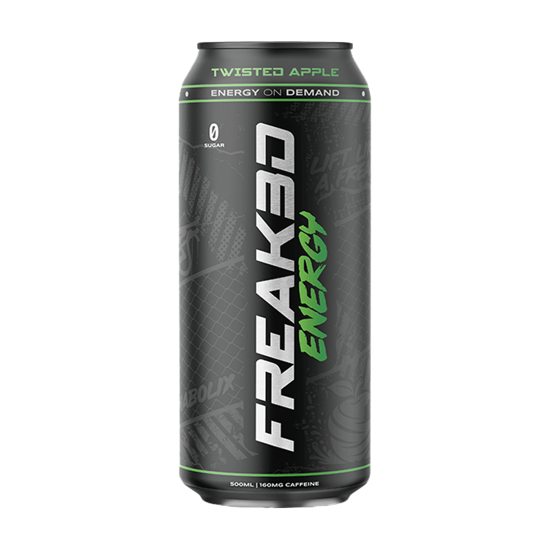 Freak Energy Twisted Apple energy drink 500ml can with black packaging, zero sugar and 160mg caffeine