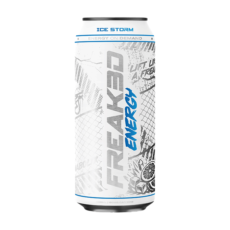 Freak Energy Ice Storm energy drink 500ml can with white packaging, blue branding and 160mg caffeine