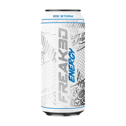 Freak Energy Ice Storm energy drink 500ml can with white packaging, blue branding and 160mg caffeine