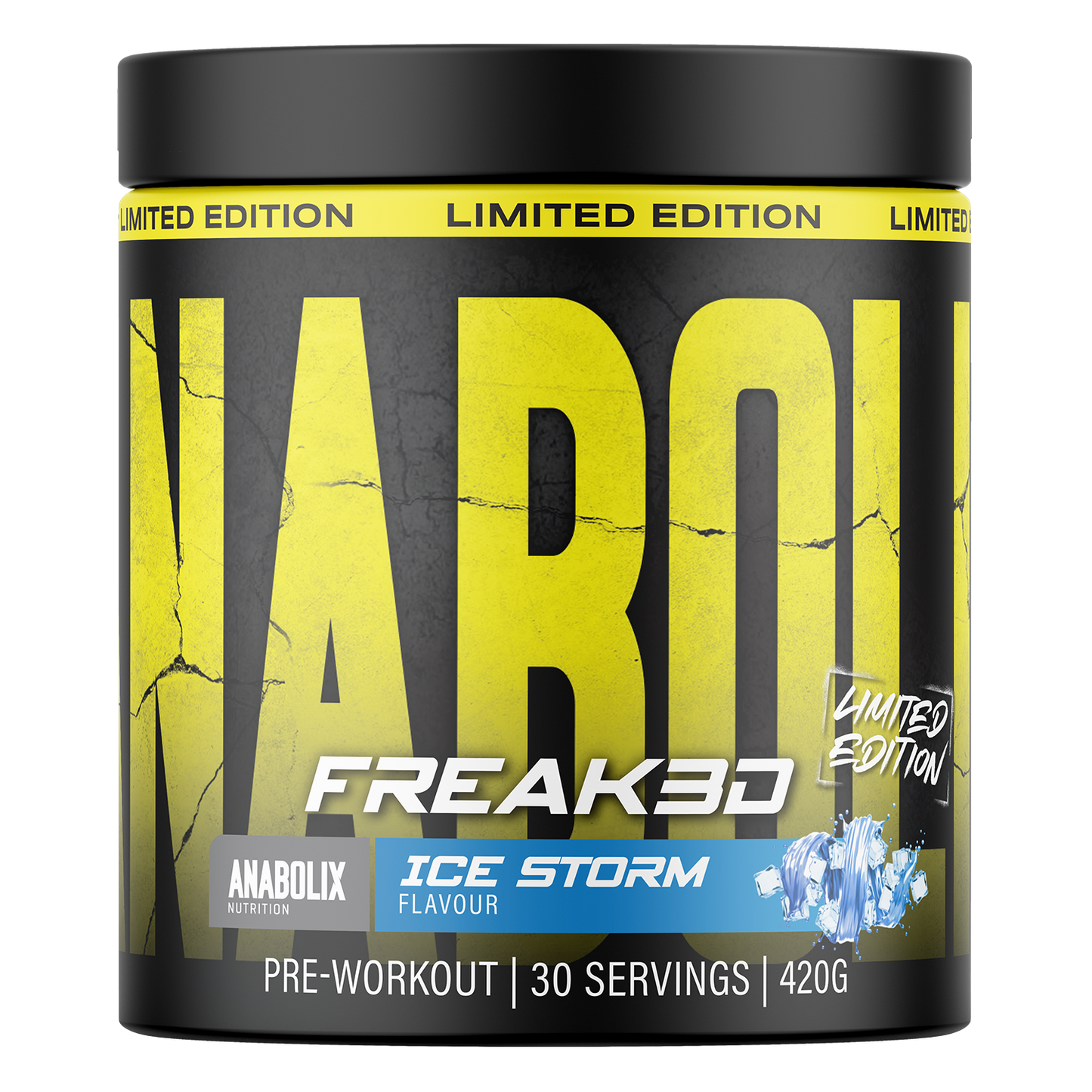 Anabolix Freak3d pre-workout Ice Storm flavour – 420g black tub, bold yellow limited edition label