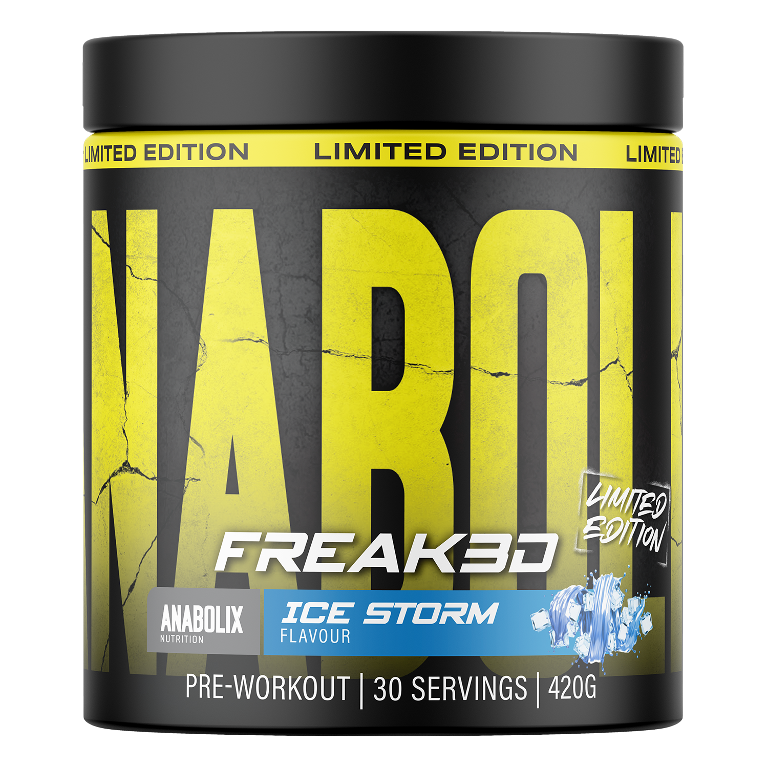 Anabolix Freak3d pre-workout Ice Storm flavour – 420g black tub, bold yellow limited edition label