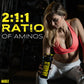 Anabolix amino supplement image featuring athlete with shaker bottle, emphasising 2:1:1 ratio of aminos