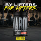 Anabolix Load3D pre-trainer peach candy rings 400g tub, black container with bold label in gym setting