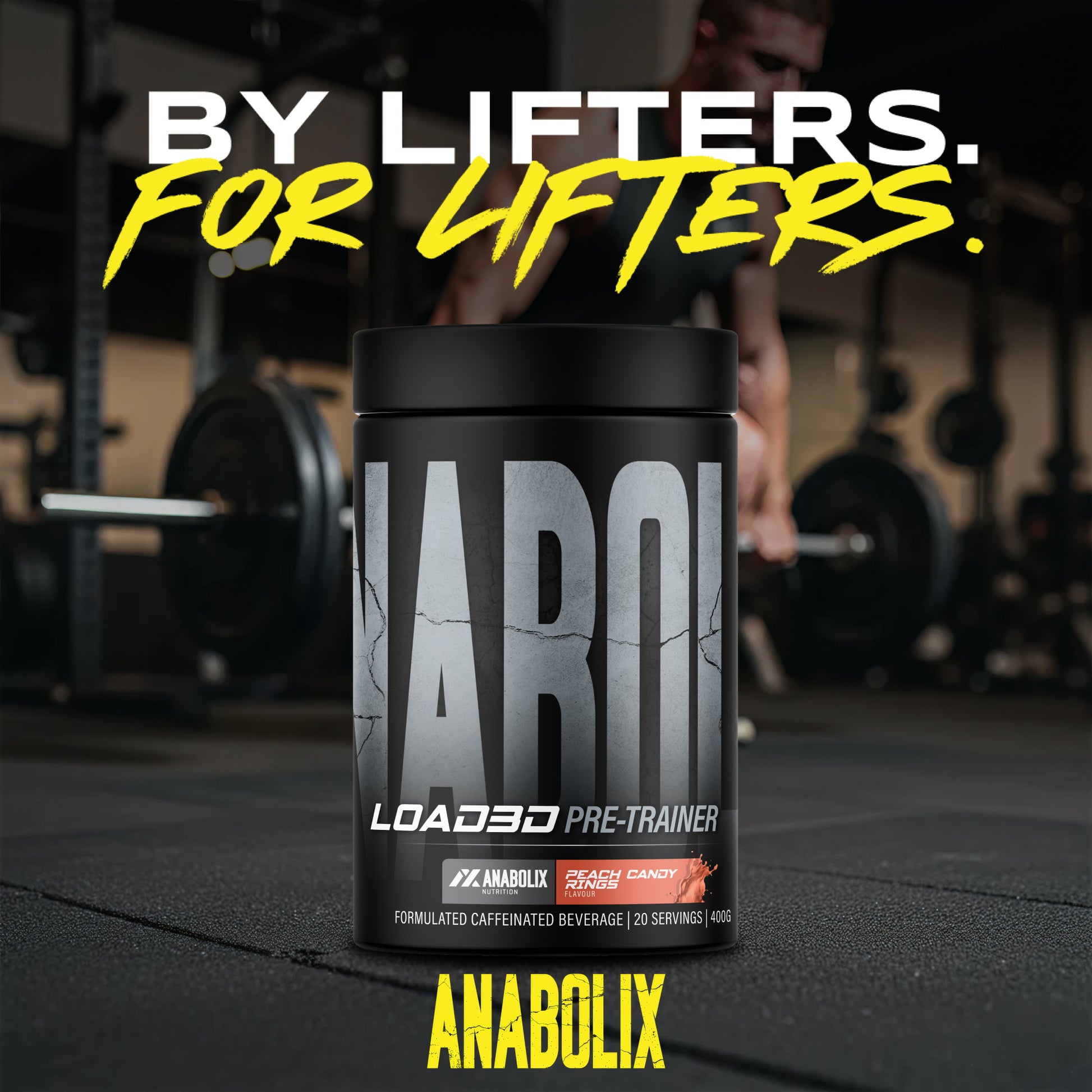 Anabolix Load3D pre-trainer peach candy rings 400g tub, black container with bold label in gym setting