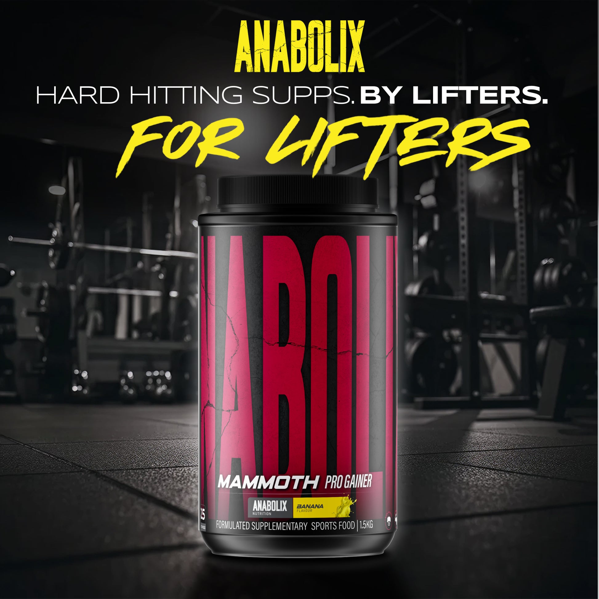 Anabolix Mammoth Pro Gainer banana 1.5kg tub, muscle gain supplement with bold red label in gym setting