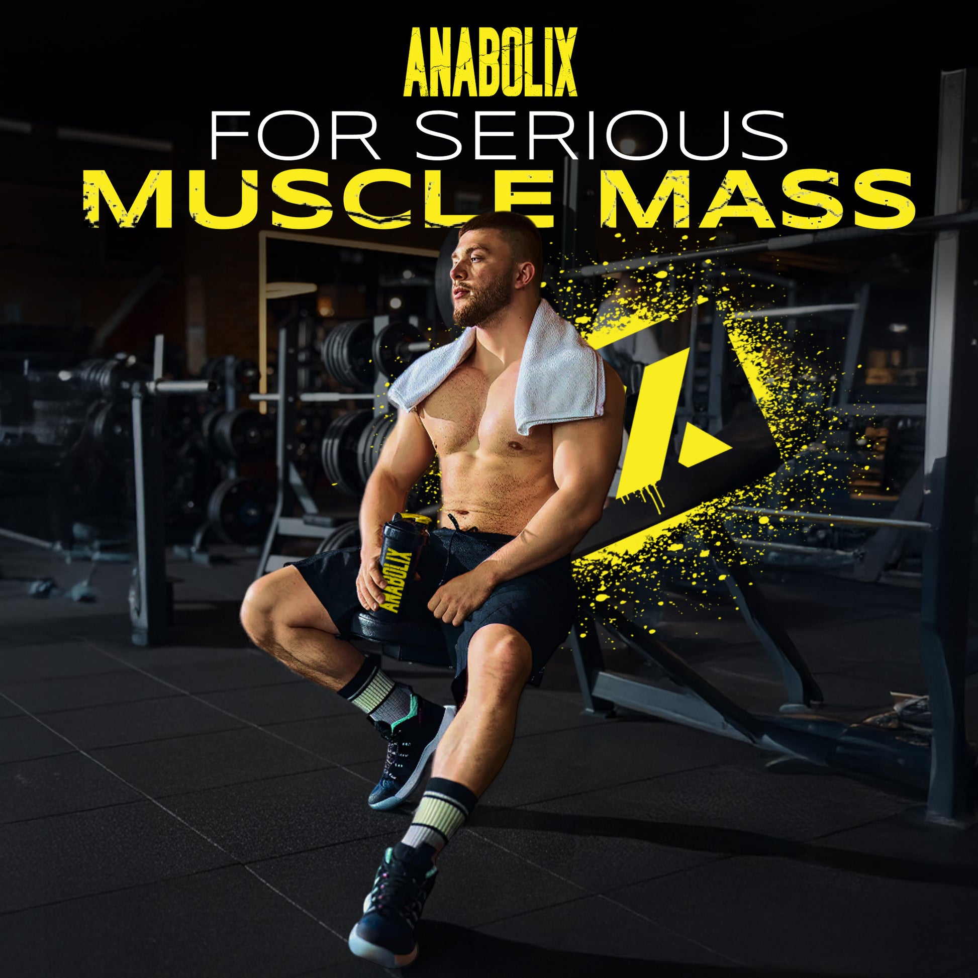 Anabolix branding with muscular athlete resting in gym, shaker bottle and muscle mass supplement theme