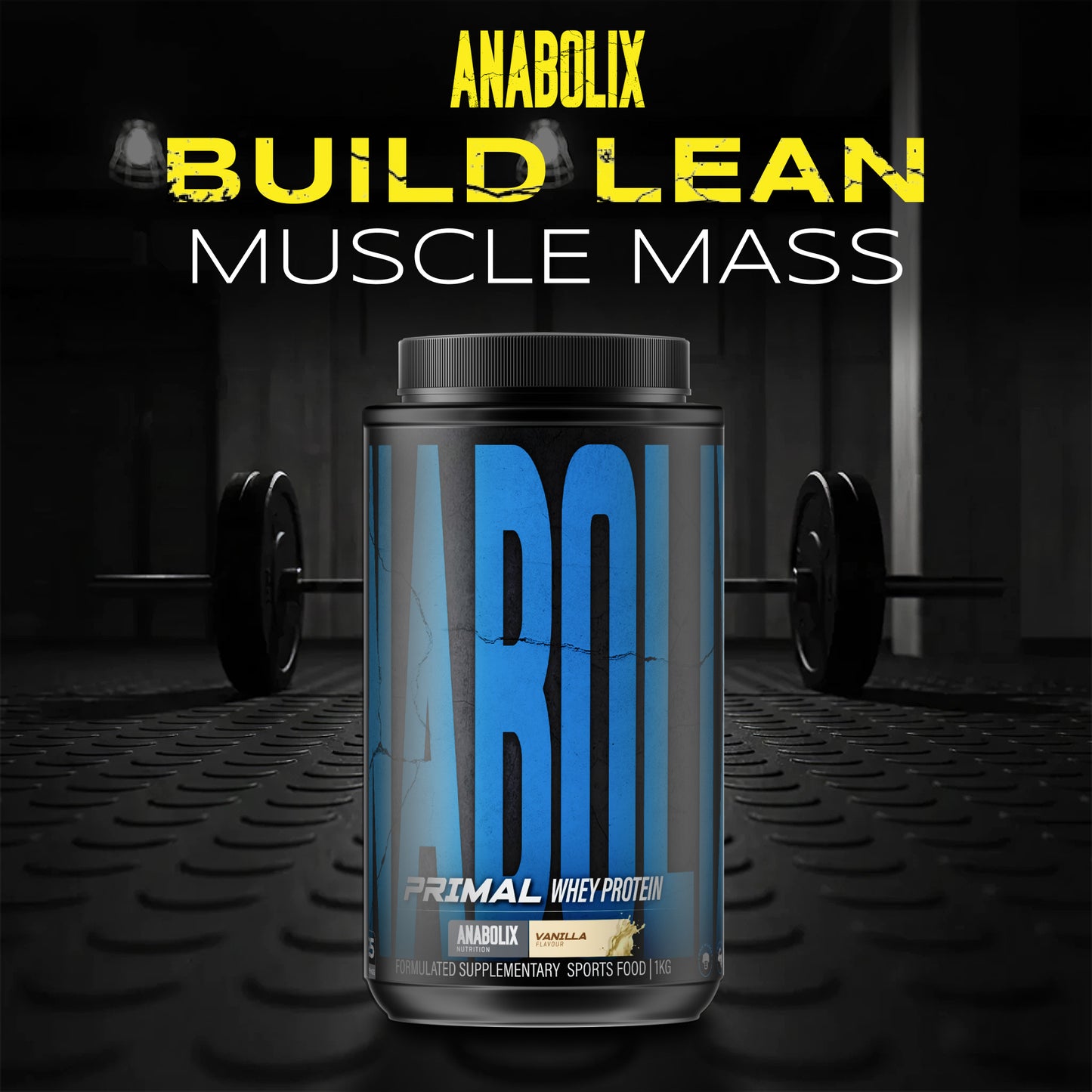 Anabolix Primal whey protein banana flavour 1kg tub with blue label in gym setting