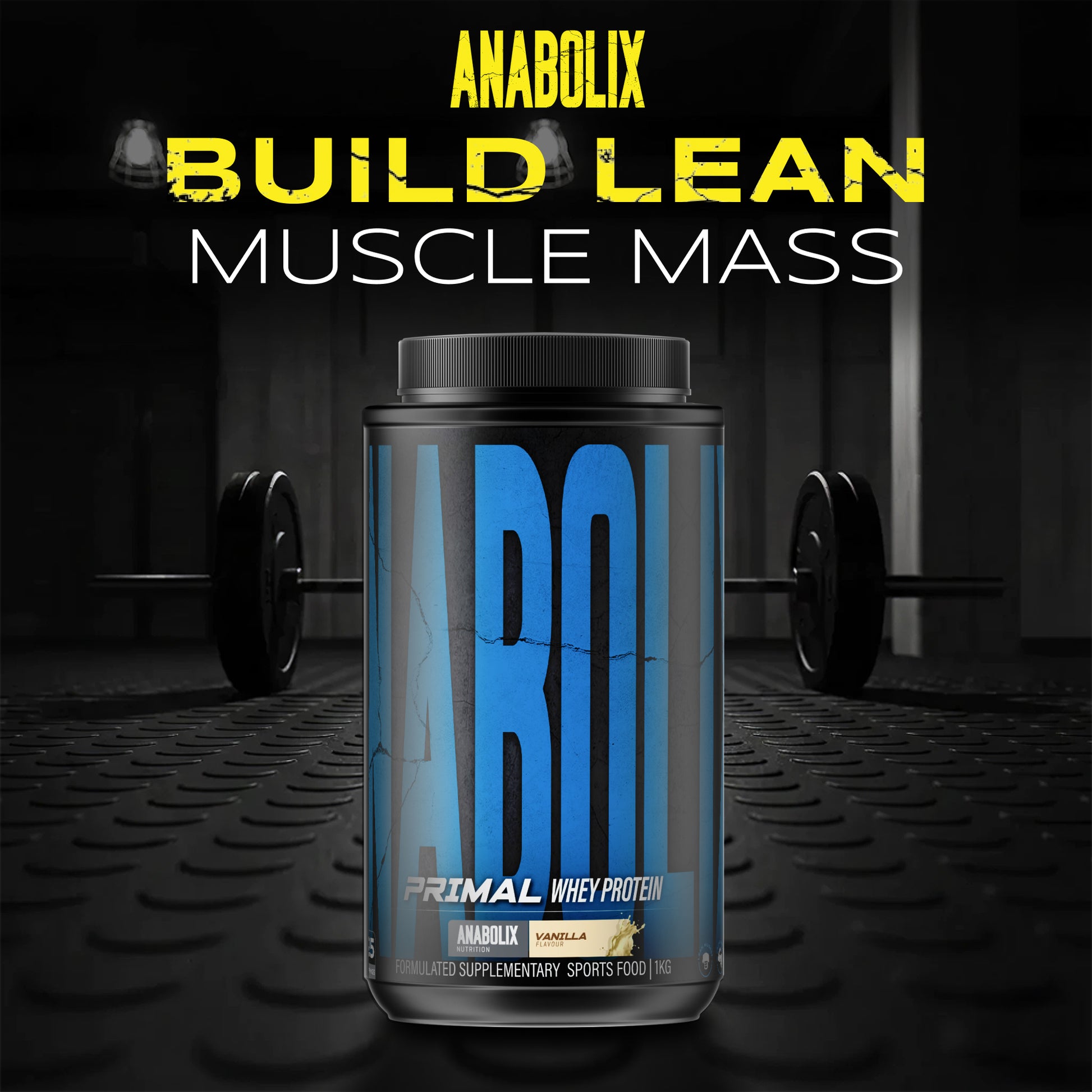 Anabolix Primal whey protein banana flavour 1kg tub with blue label in gym setting