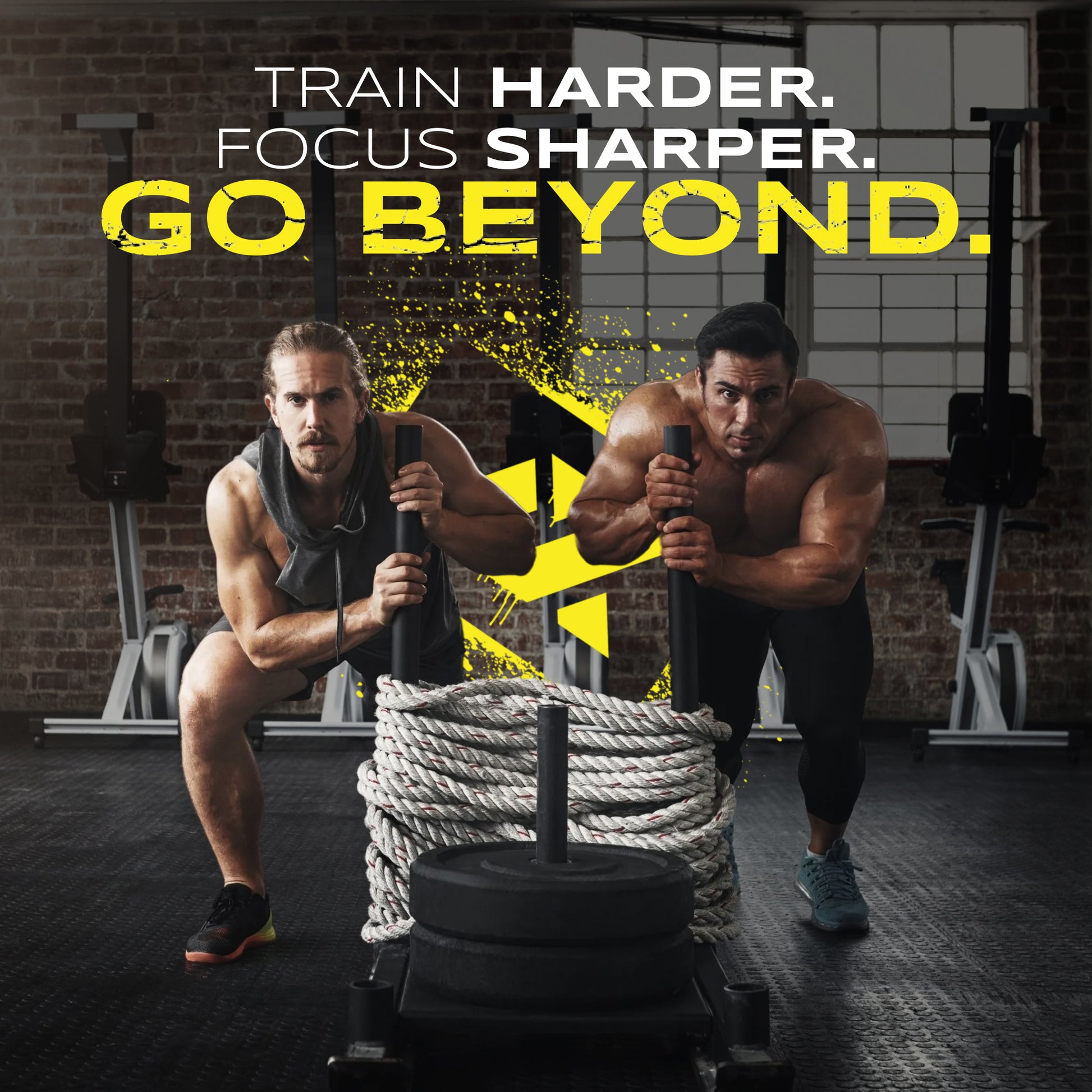 High intensity sled push exercise with athletes in gym, Anabolix branding and “Train harder, focus sharper” message