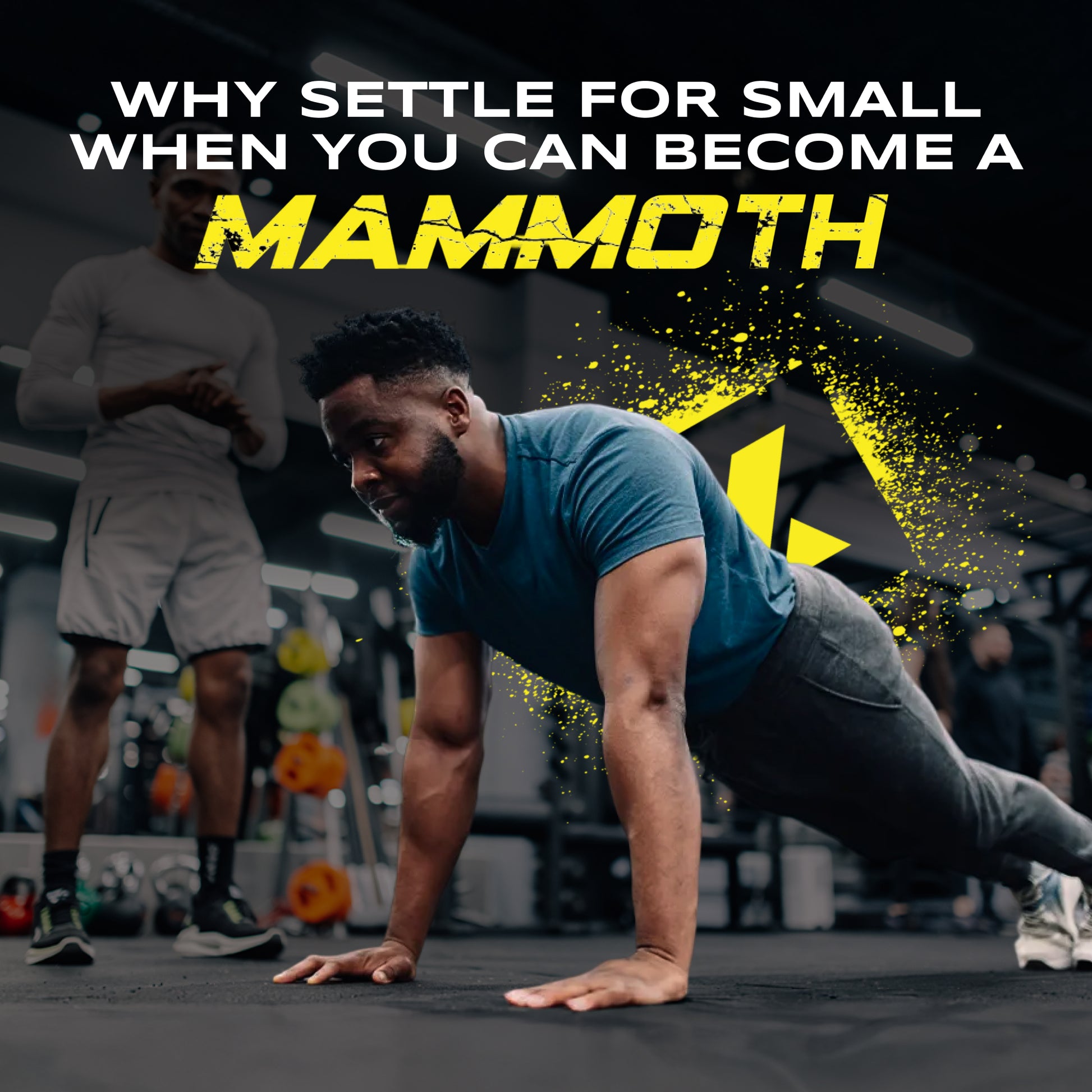 Anabolix gym athlete performing push-up exercise with “Mammoth” slogan, strength training motivation scene