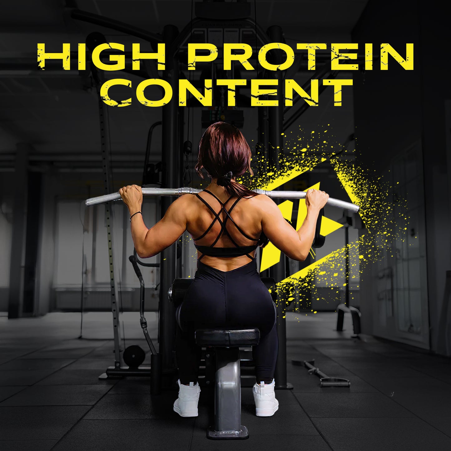 High protein workout training scene with female athlete using lat pulldown machine in gym