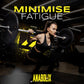Anabolix Fuel3D amino supplement promo with female athlete squatting, highlighting reduced fatigue and recovery support