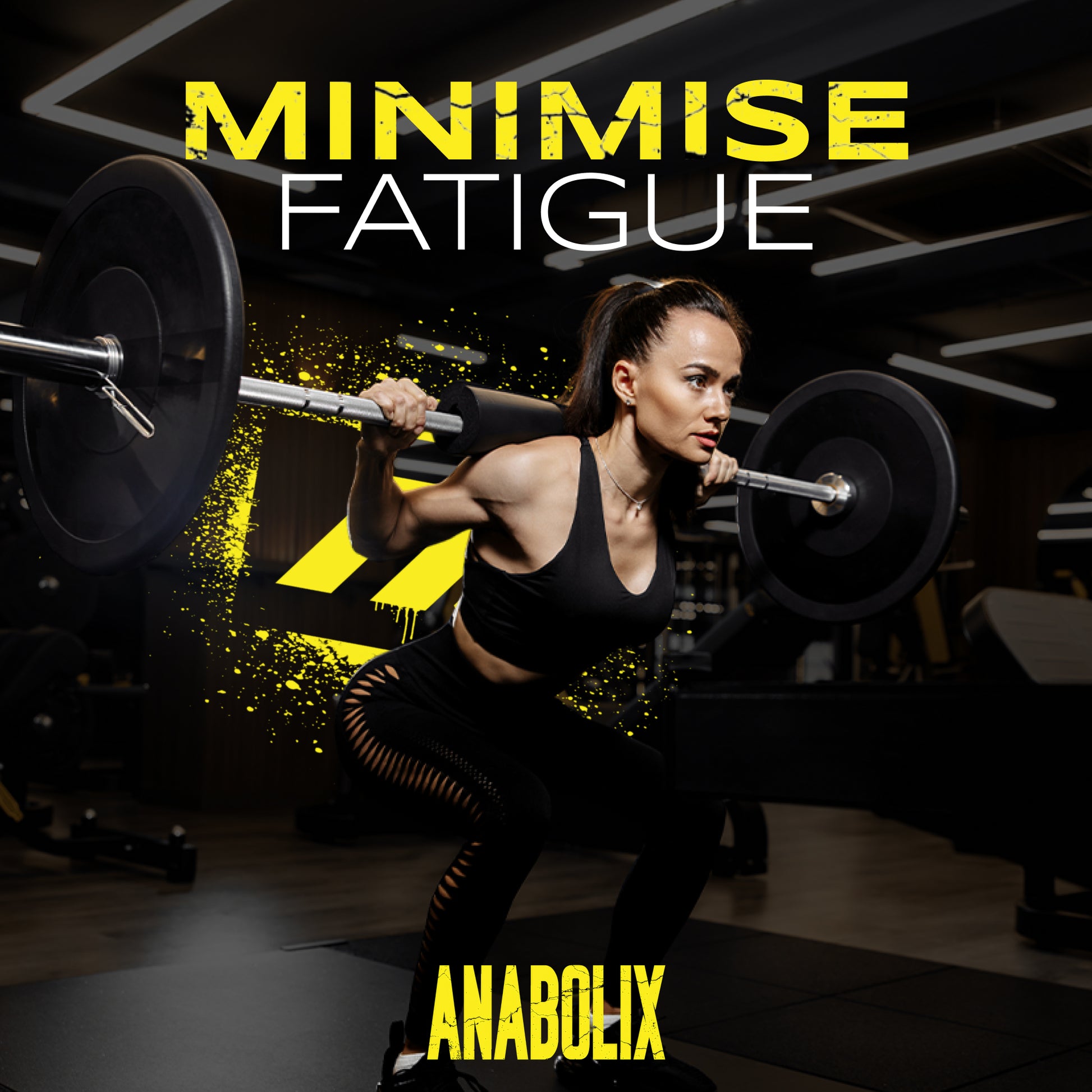 Anabolix Fuel3D amino supplement promo with female athlete squatting, highlighting reduced fatigue and recovery support