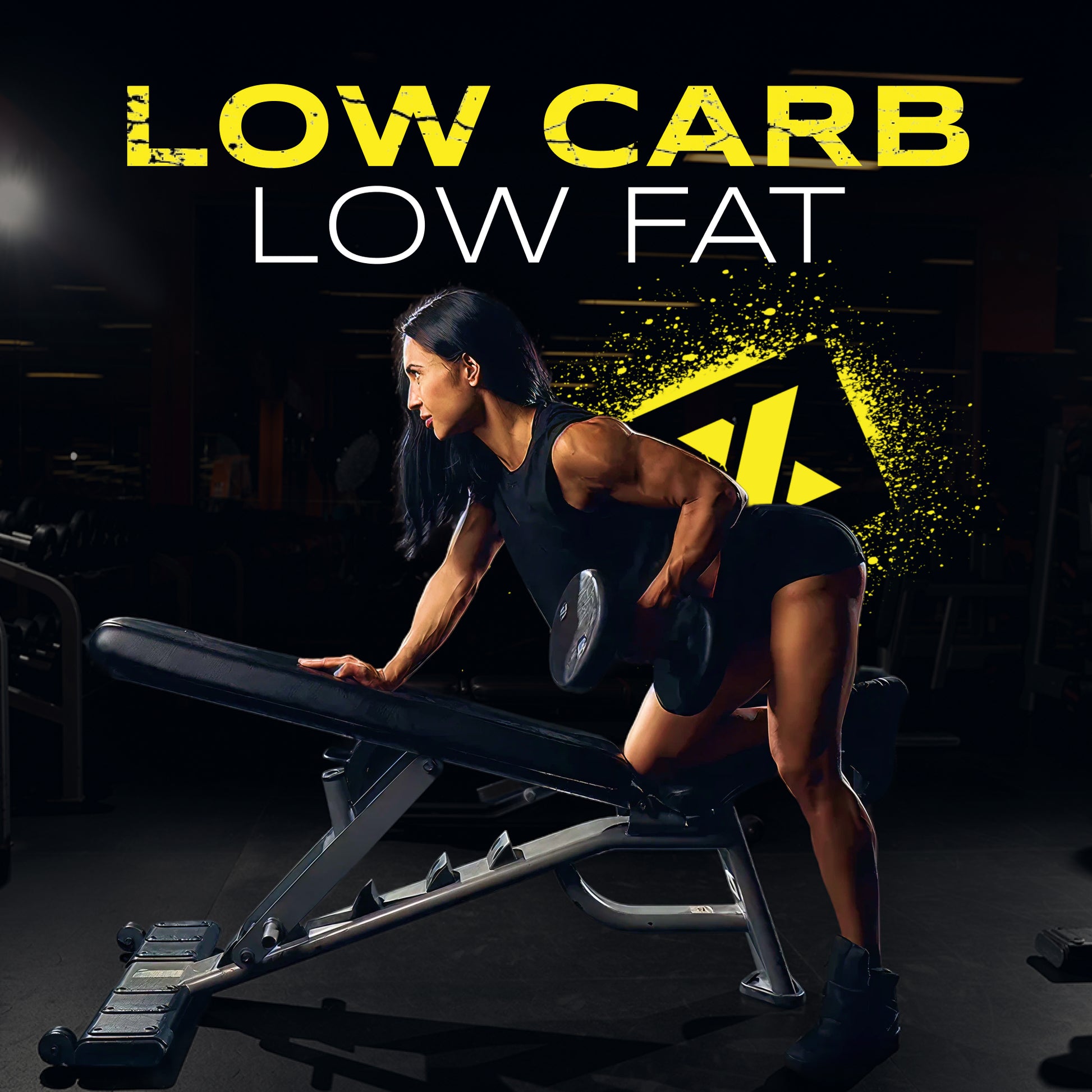 Female athlete doing dumbbell row on bench in gym highlighting low carb low fat fitness lifestyle