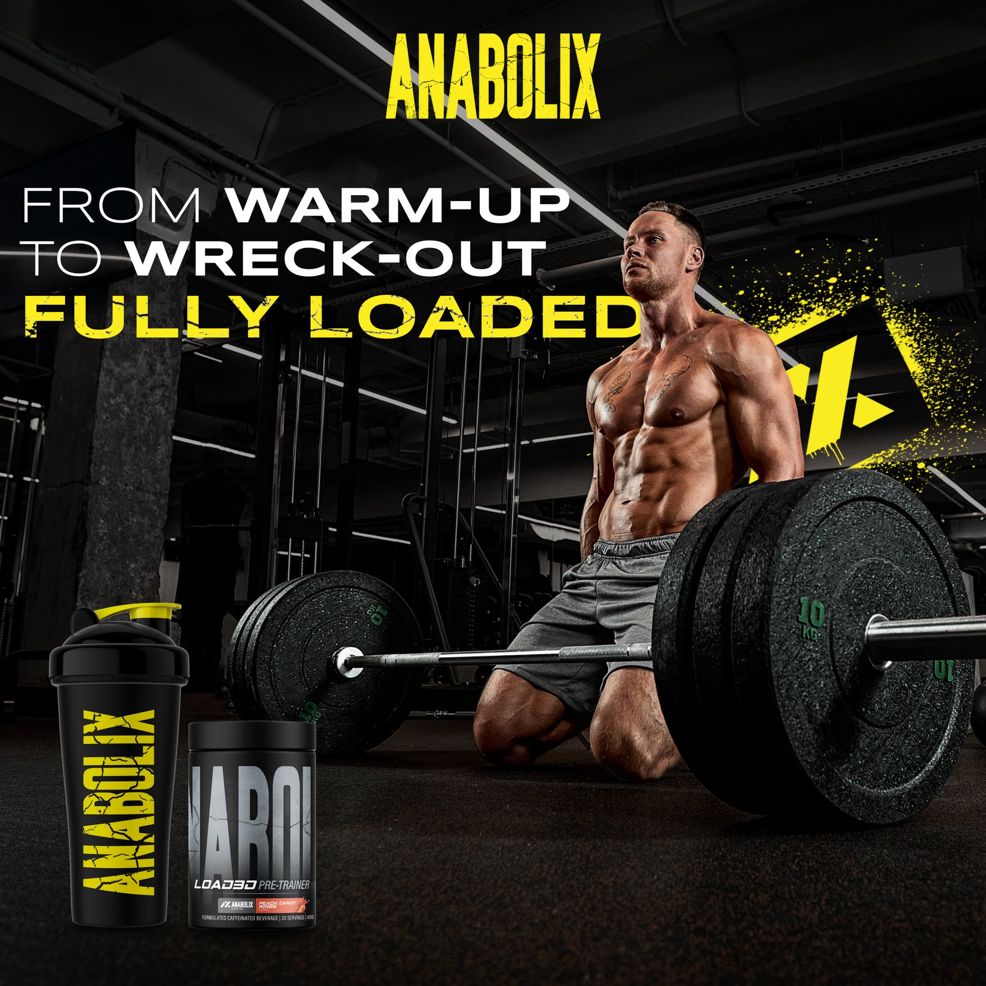 Anabolix pre-workout supplement 400g container with shaker, heavy deadlift setup and motivational fitness text