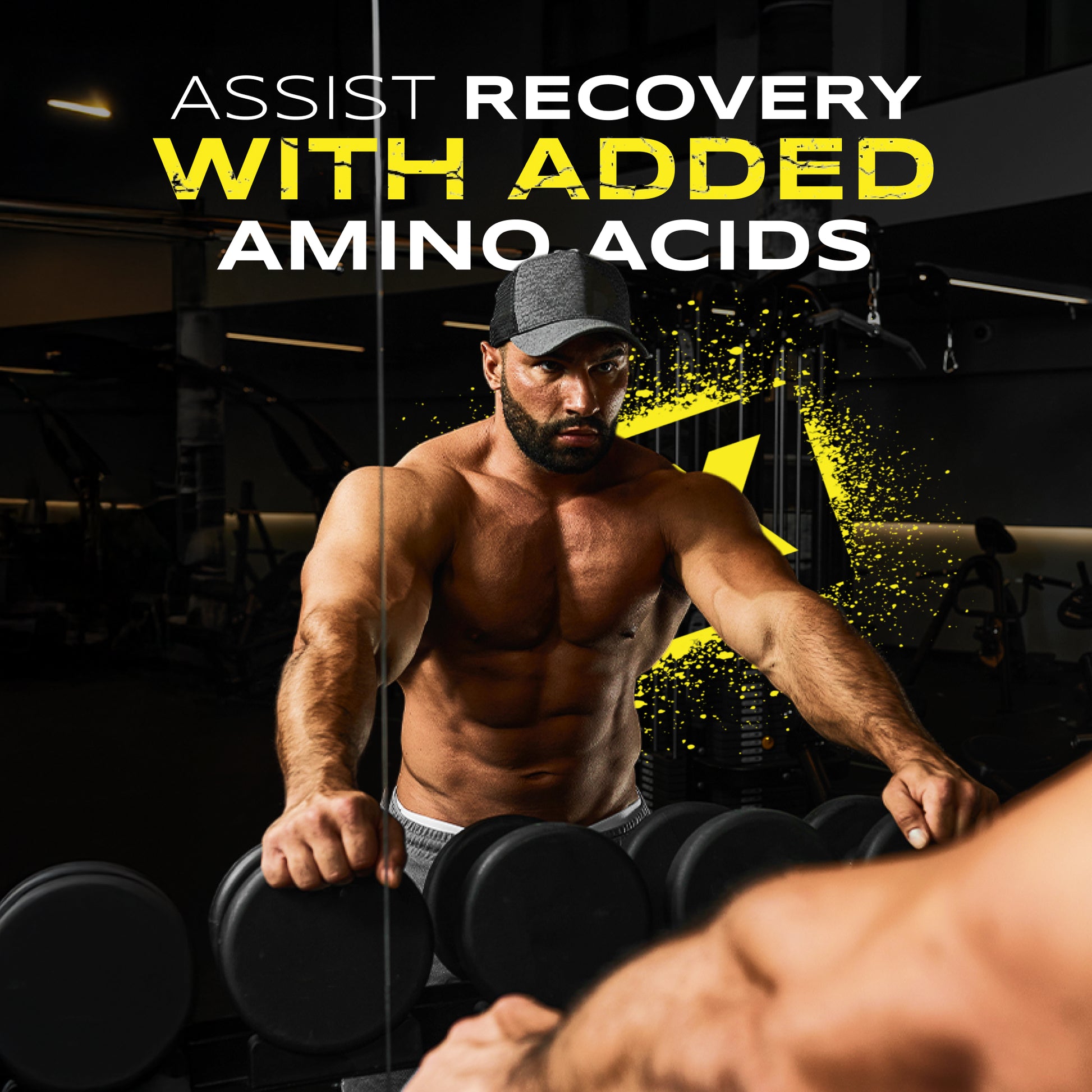 Fitness athlete using weights with Anabolix branding, amino acid recovery and muscle repair concept
