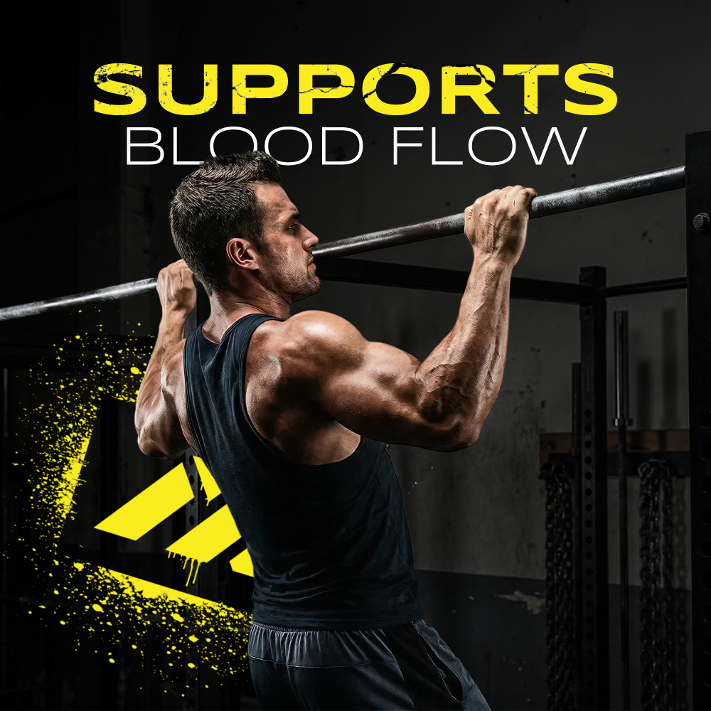 Stimulant free pump pre workout promotion, bodybuilder pull ups in gym, Anabolix blood flow support branding