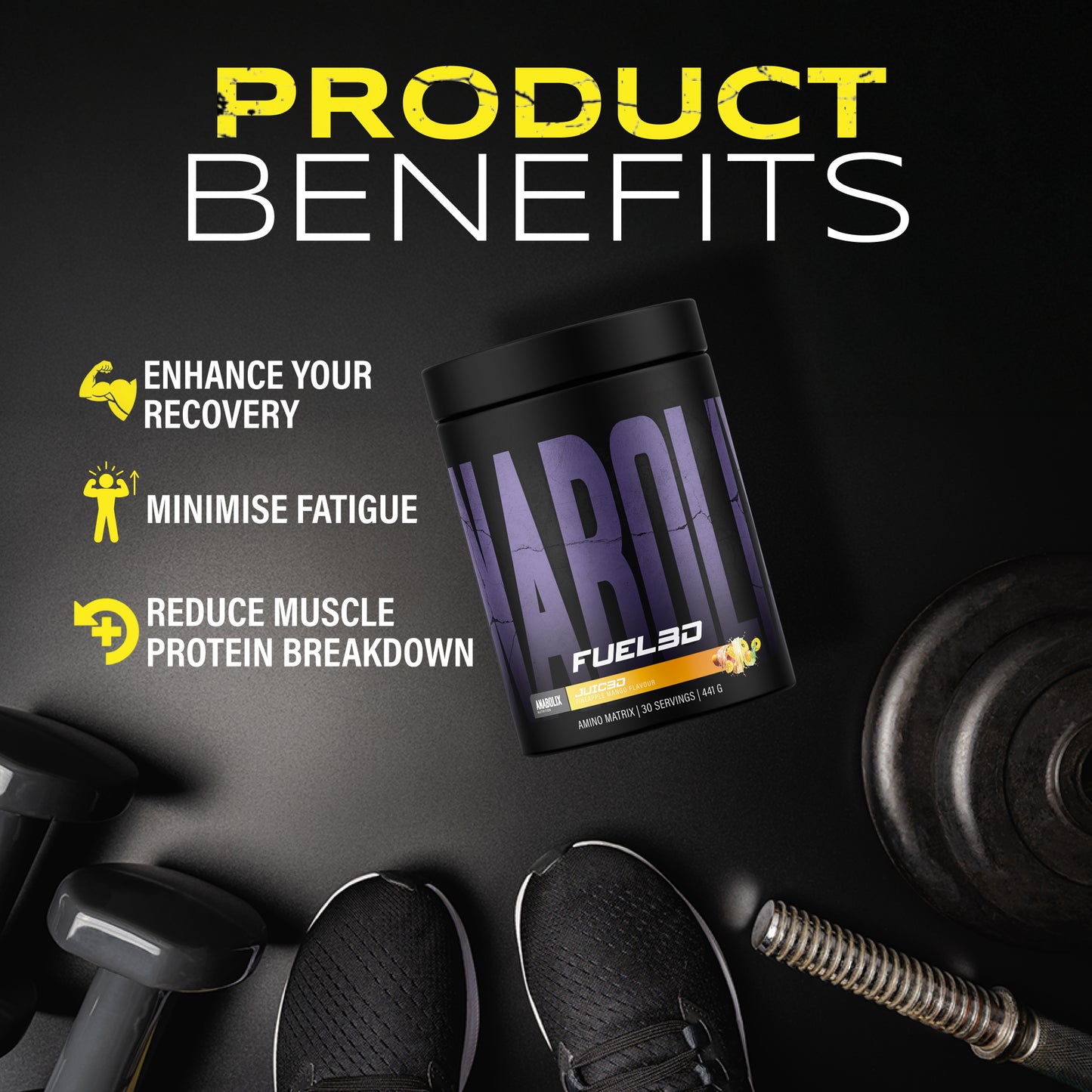 Anabolix Fuel3D citrus twist amino powder 441g tub, black packaging with purple branding and recovery benefits graphic