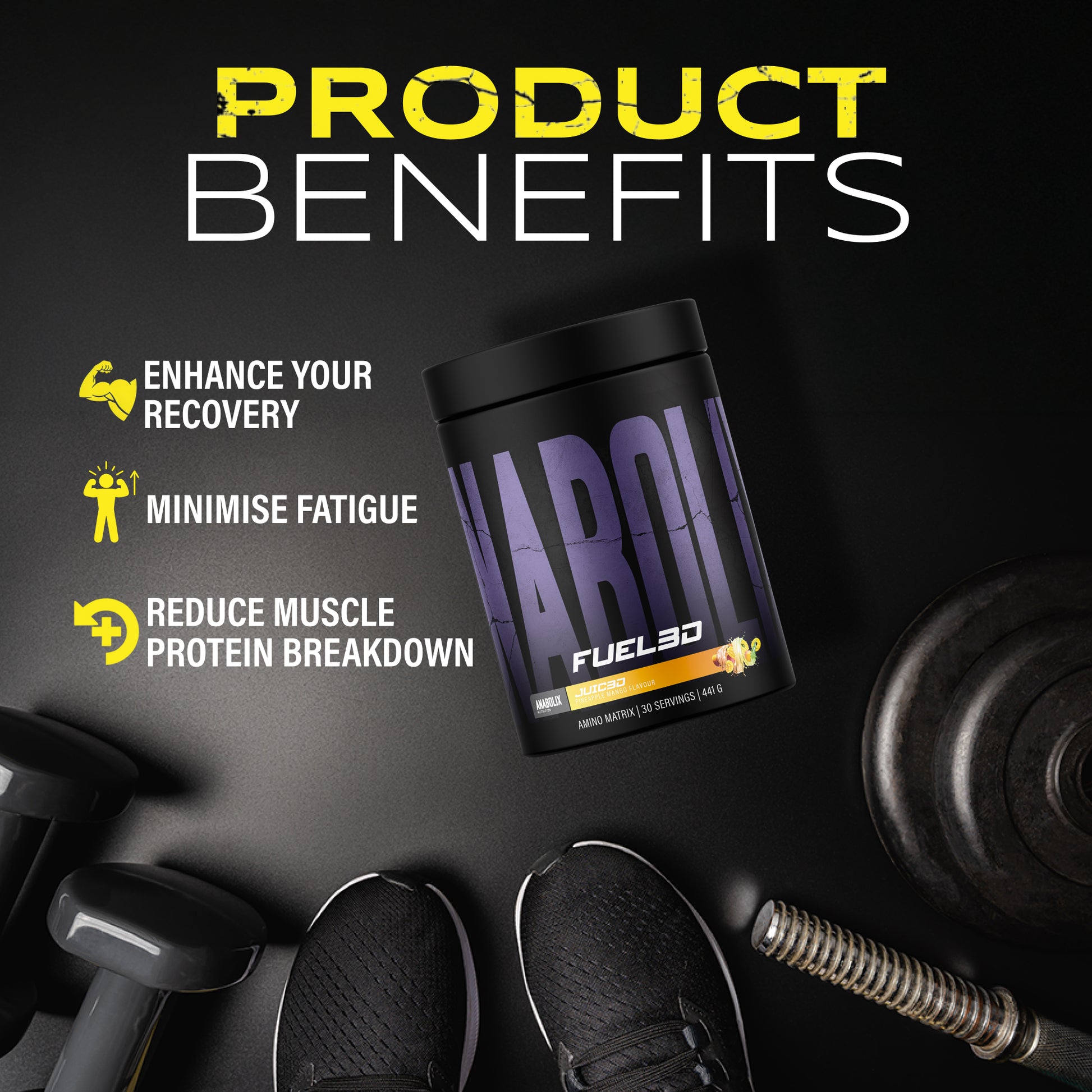 Anabolix Fuel3D citrus twist amino powder 441g tub, black packaging with purple branding and recovery benefits graphic