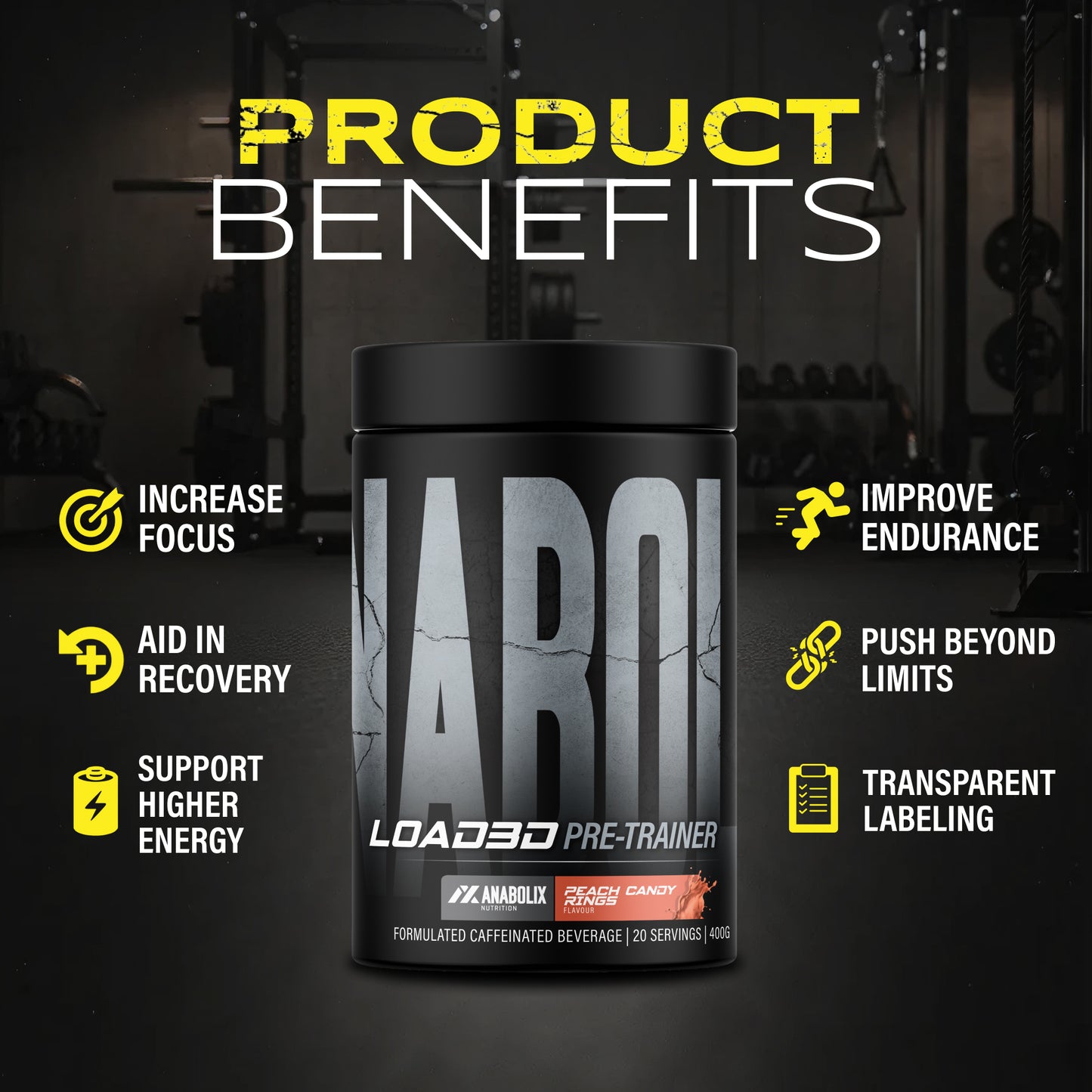 Anabolix Load3D pre-trainer blue icee 400g tub, black container with bold label and product benefits graphic