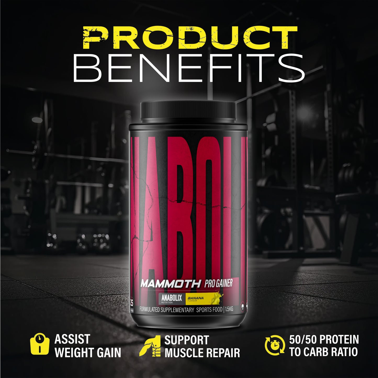 Anabolix Mammoth pro gainer banana flavour 15kg tub, muscle gain supplement with product benefits display