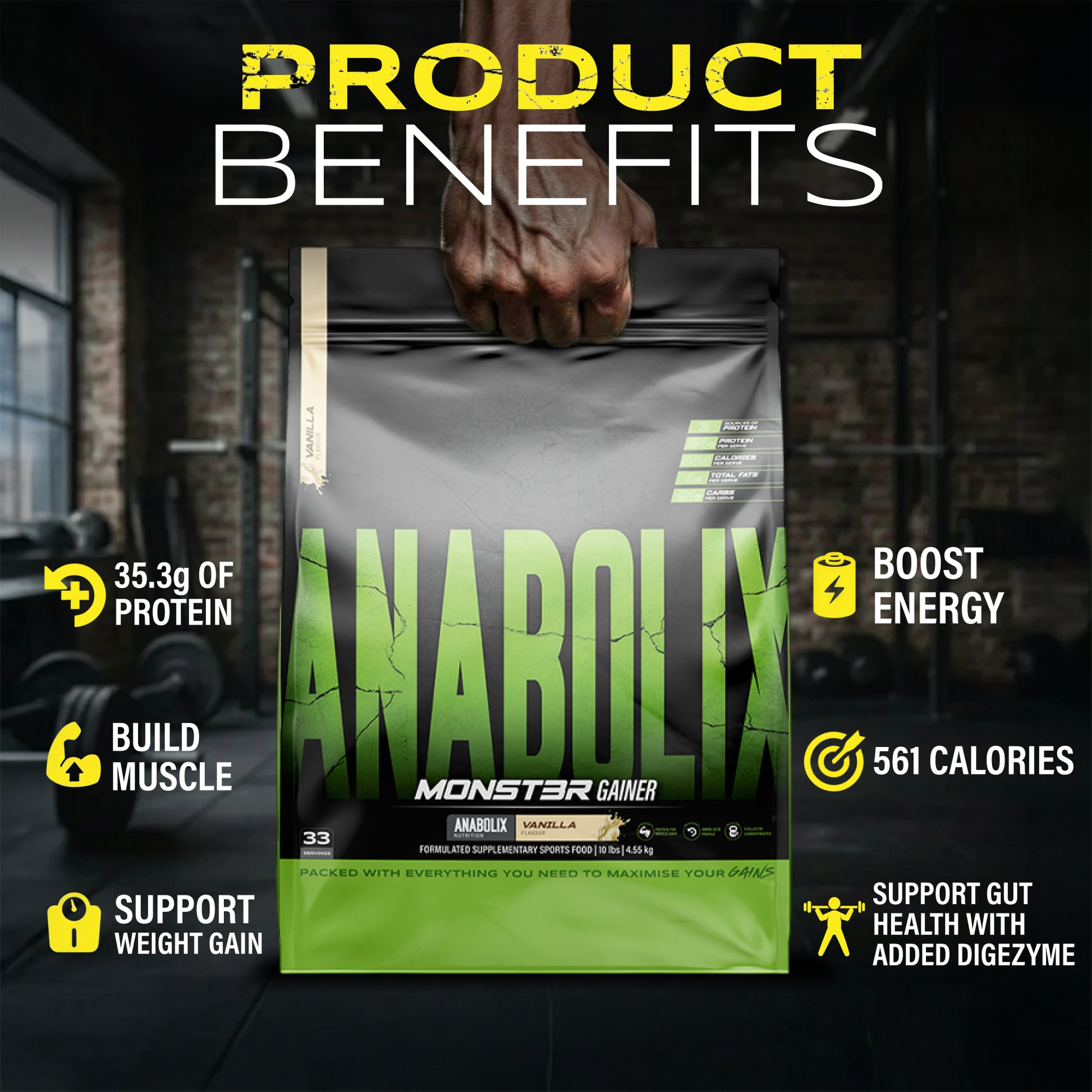 Anabolix Monst3r weight gainer banana 4.55kg bag, muscle building supplement with calories protein and gut support