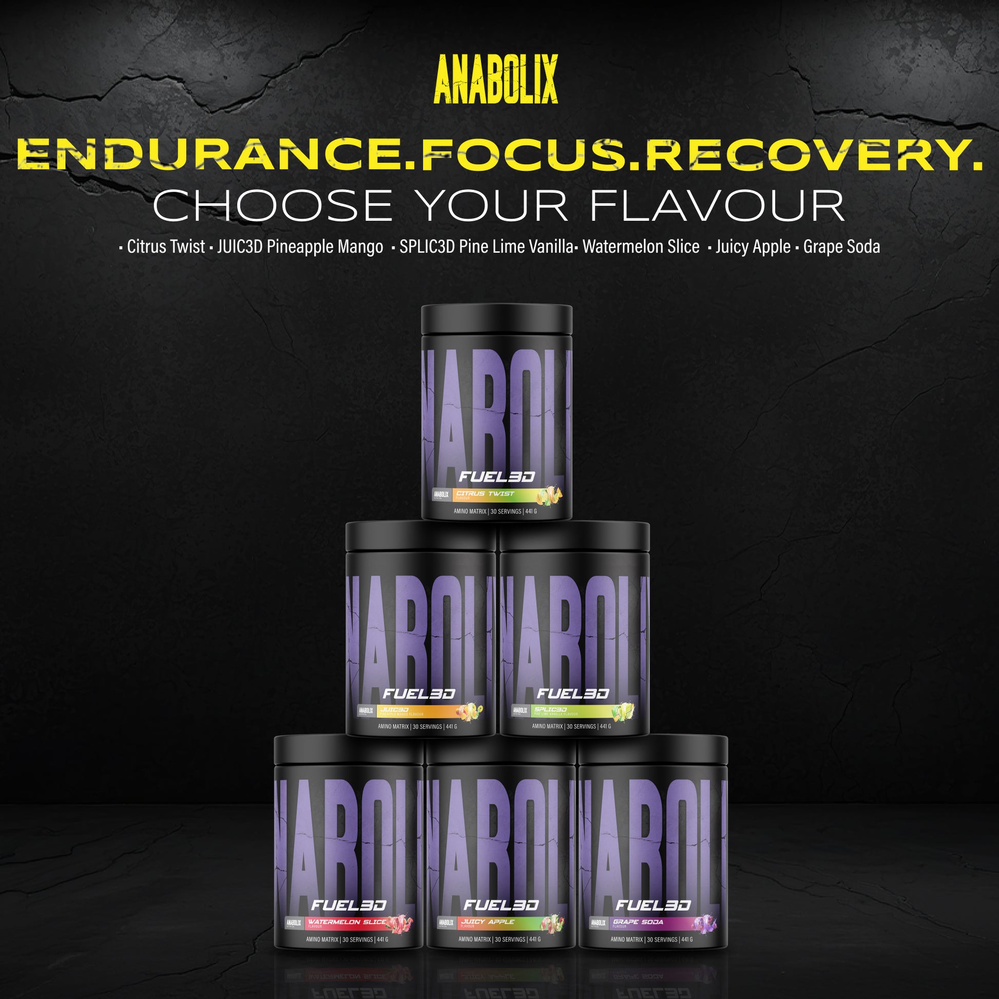 Anabolix Fuel3D amino supplement range 441g tubs, multiple flavours in black containers with purple labels