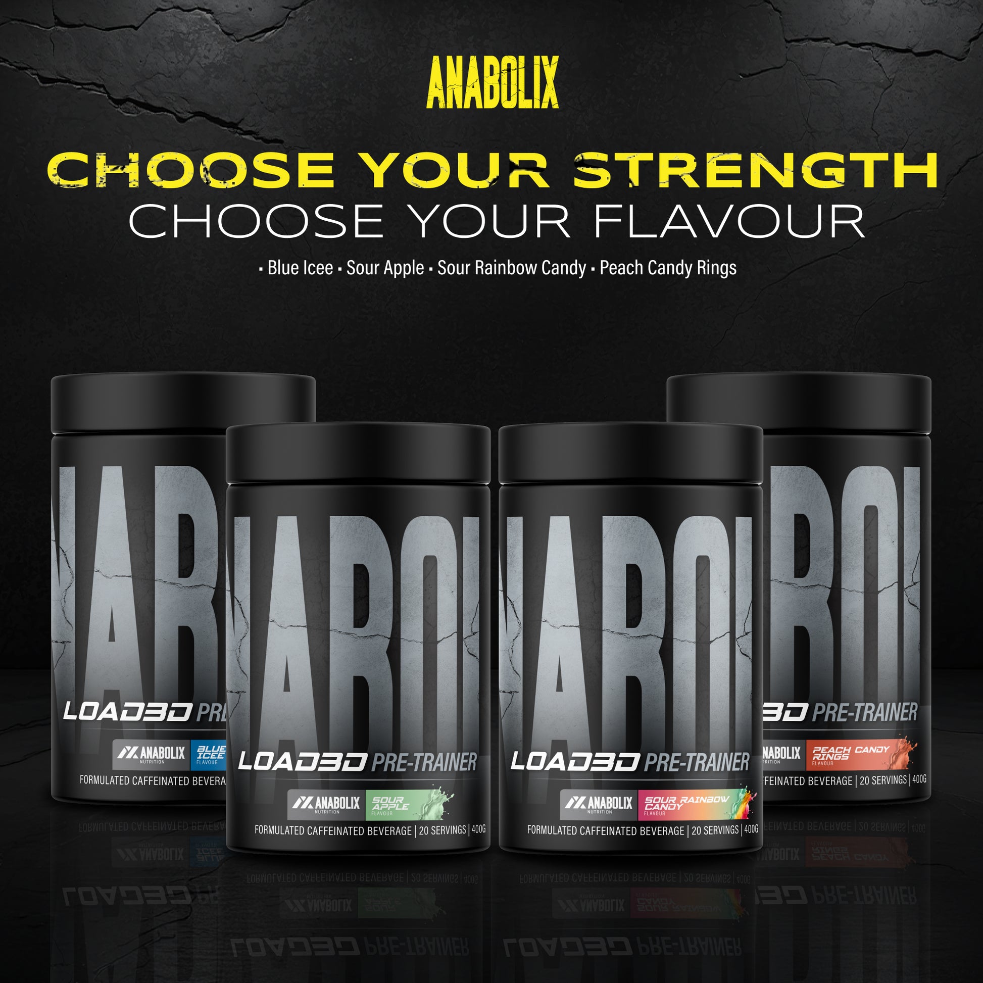 Anabolix Load3D pre-trainer supplements 400g, variety of flavours displayed in black tubs with strong branding