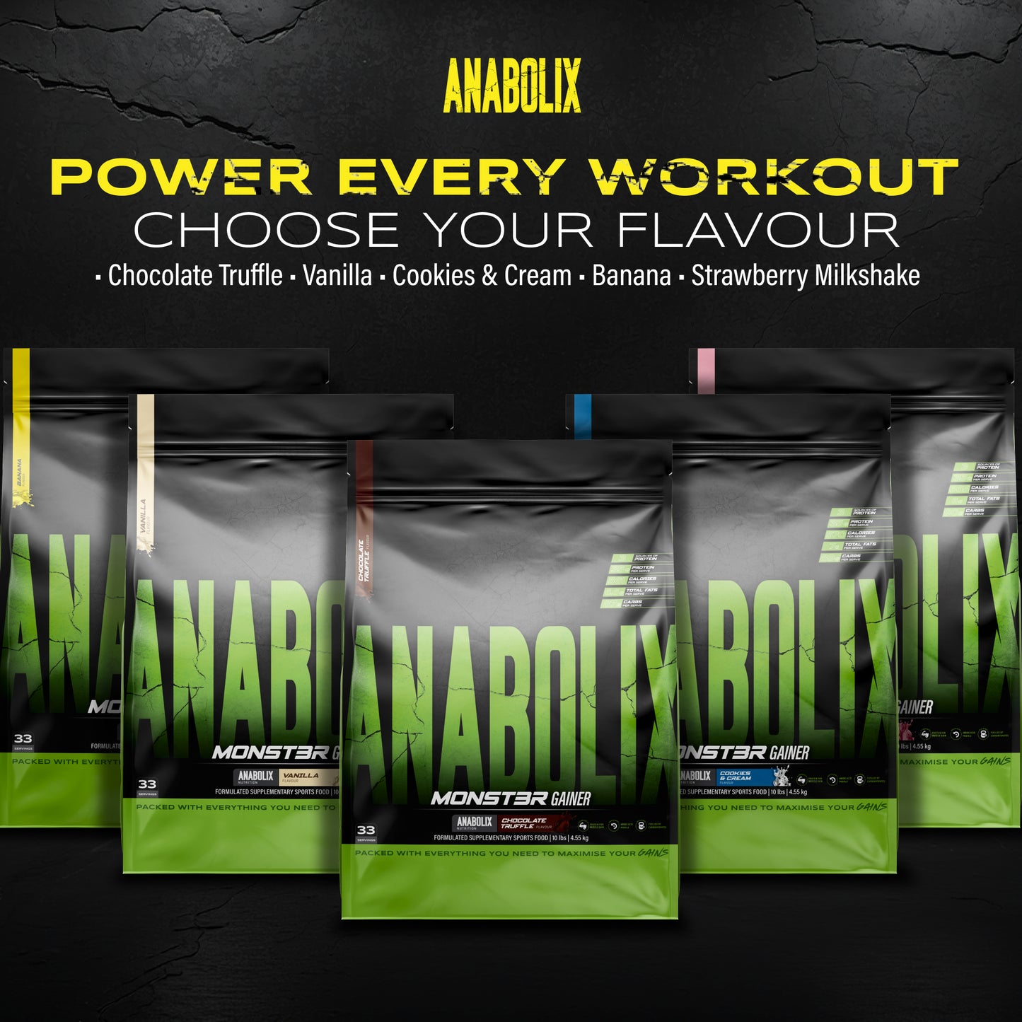 Anabolix Monst3r weight gainer collection 4.55kg bags, assorted flavours for high calorie muscle gain supplement
