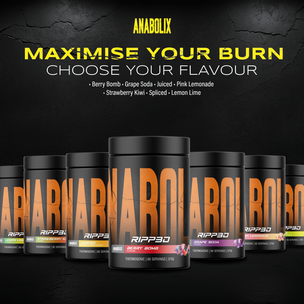 Anabolix thermogenic pre workout Ripp3D collection, 375g tubs with various flavours, metabolism support supplement