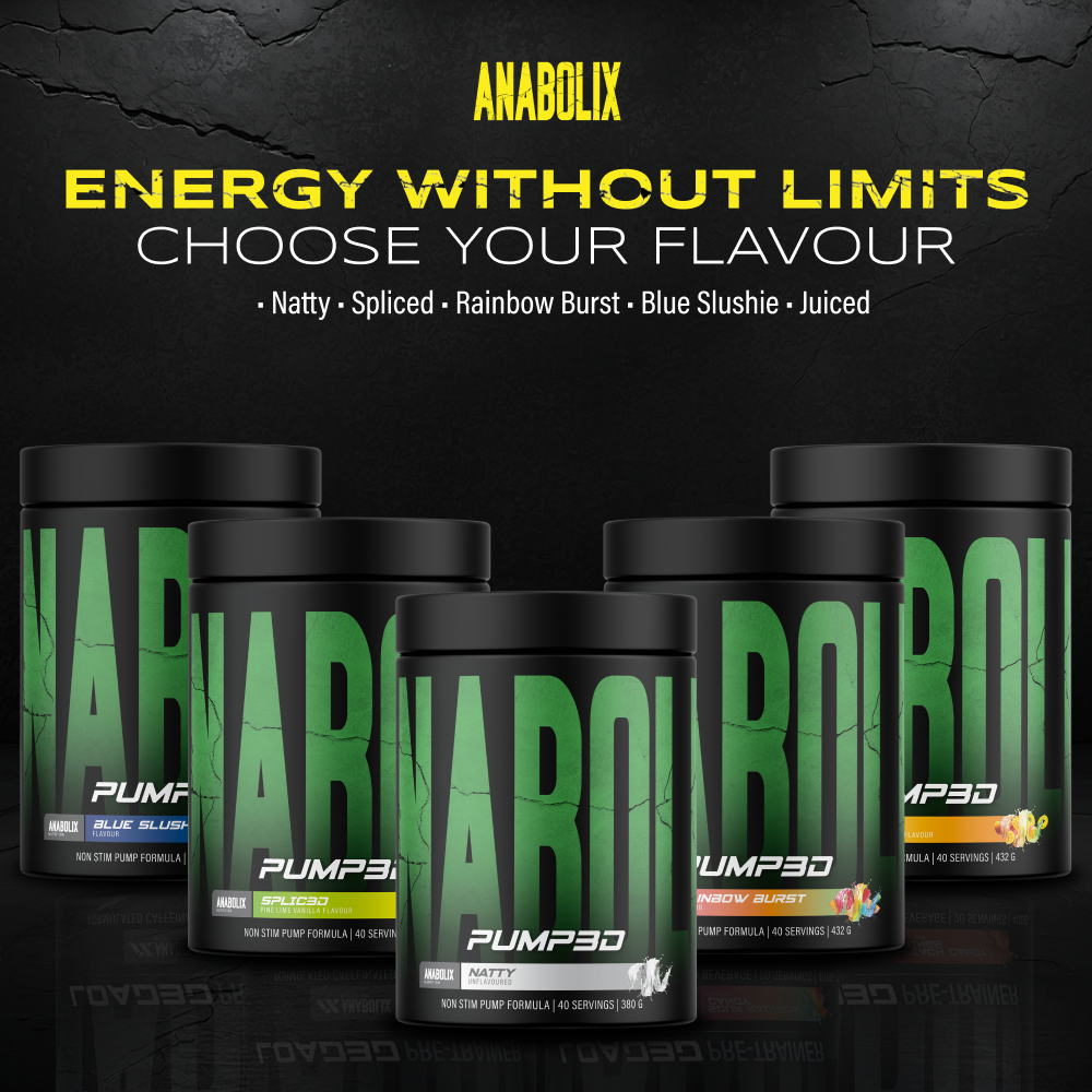 Pump3D by Anabolix pre workout powder range, 432g tubs in various flavours, stimulant free pump supplement