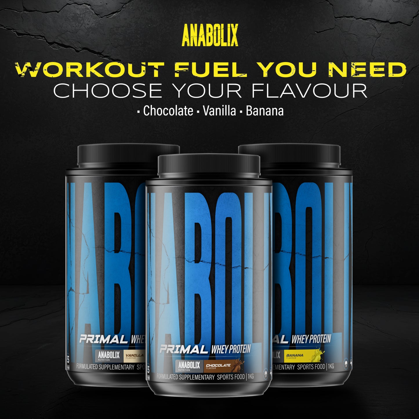 Anabolix Primal whey protein 1kg tubs chocolate vanilla banana flavours black containers with blue labels