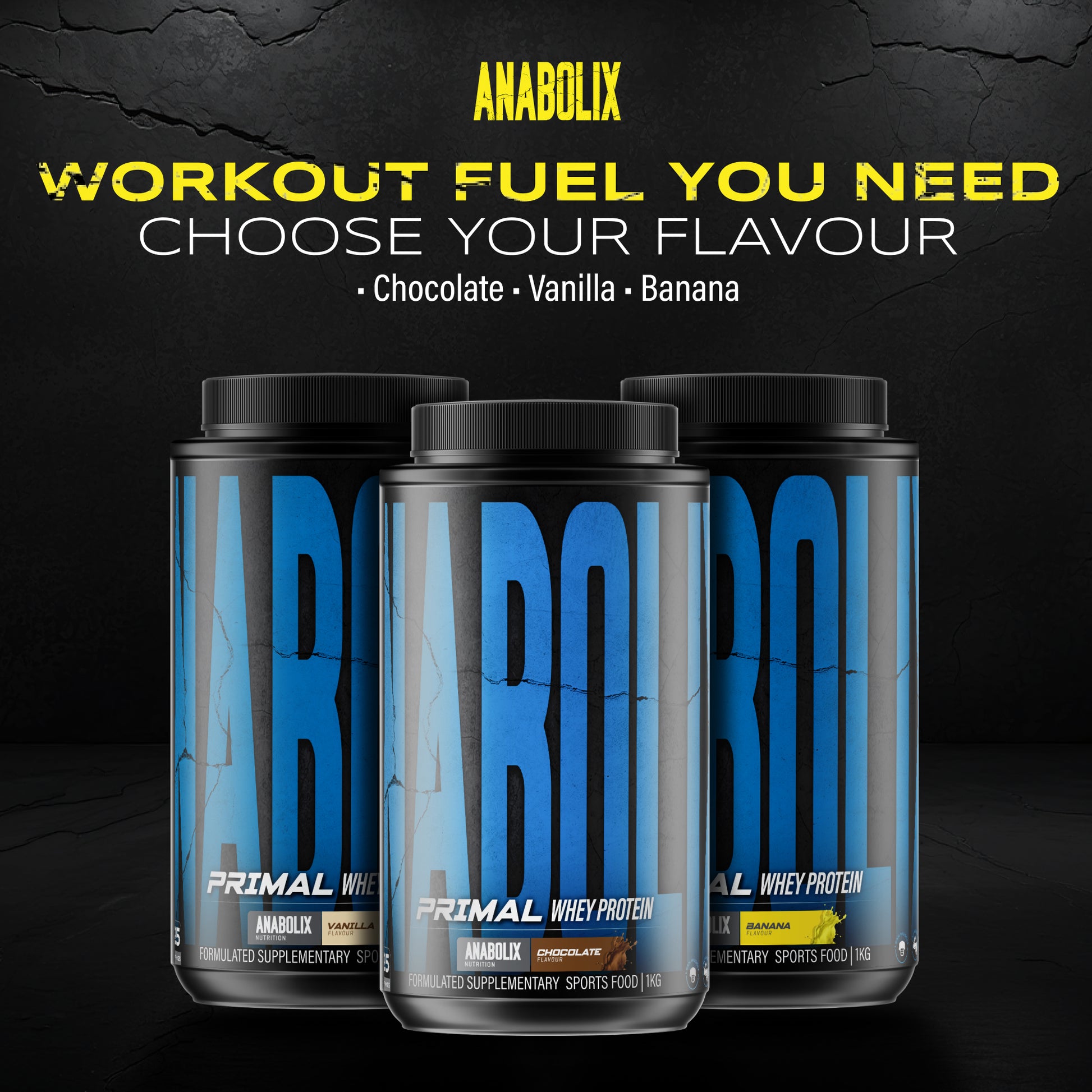 Anabolix Primal whey protein 1kg tubs chocolate vanilla banana flavours black containers with blue labels