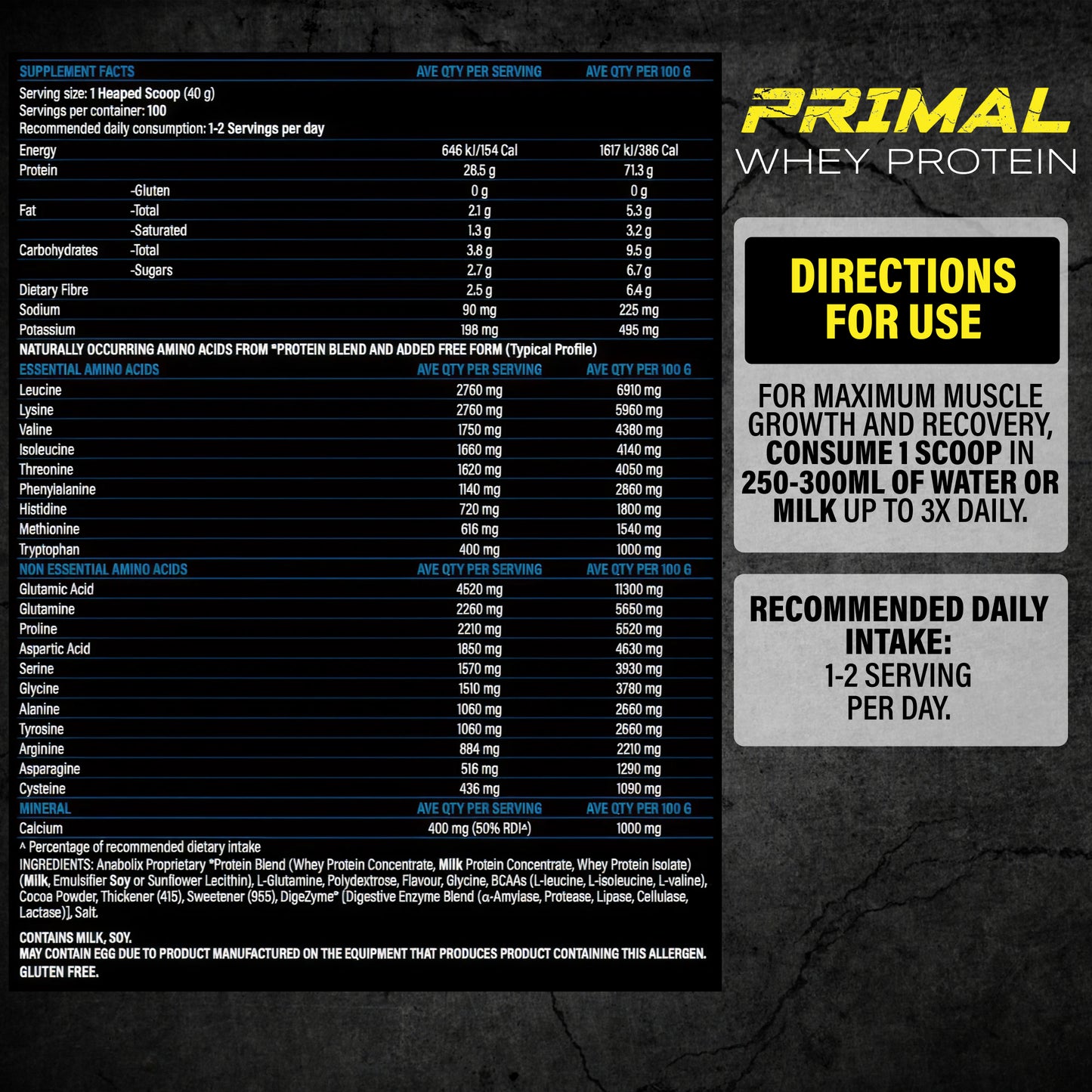 Anabolix Primal whey protein supplement facts panel with amino acids profile and usage directions