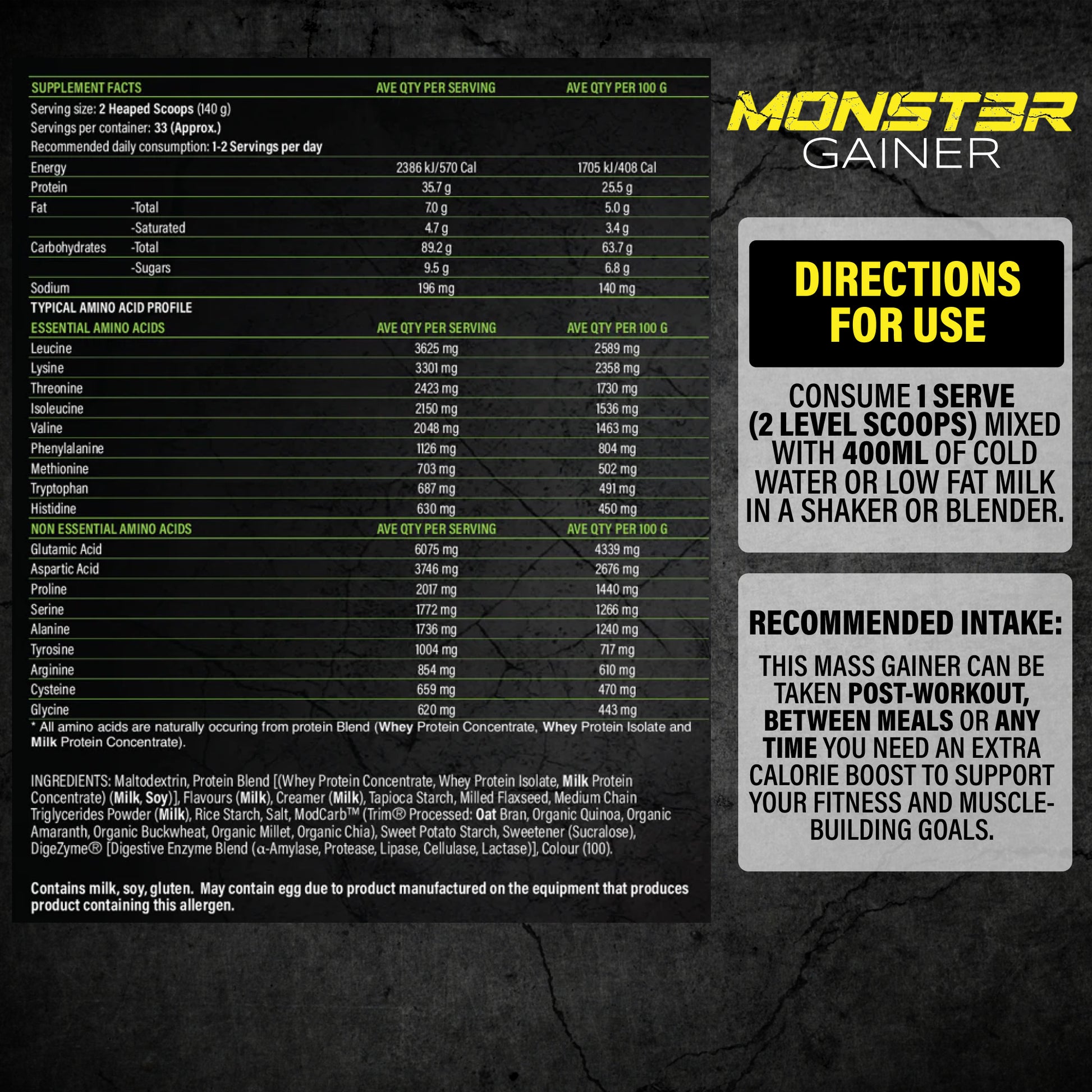 Anabolix Monst3r weight gainer nutrition information panel, amino profile and mixing directions display