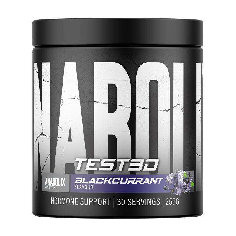 255g Anabolix Nutrition TEST3D in blackcurrant, black tub with 30 servings and striking front label