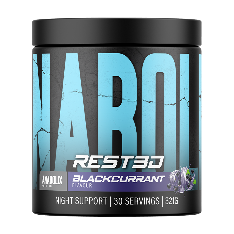 Blackcurrant REST3D night formula by Anabolix, 30 serves in 321g black tub with vibrant label
