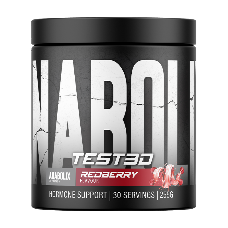 Anabolix TEST3D redberry flavour – 255g black tub for hormone support with bold cracked label design