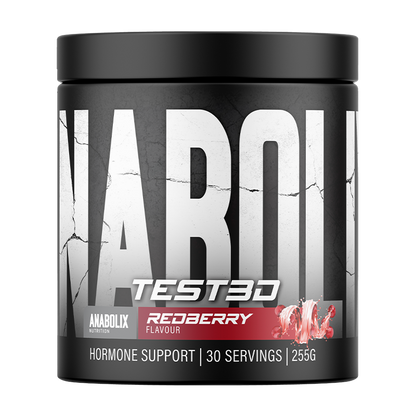 Anabolix TEST3D redberry flavour – 255g black tub for hormone support with bold cracked label design